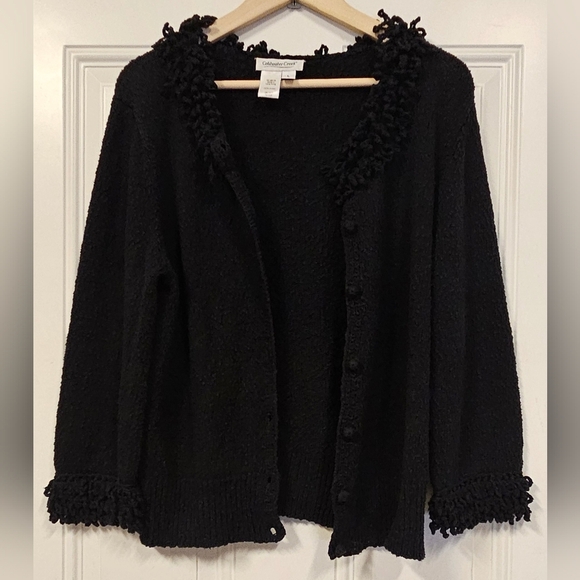 Cold water creek women cotton knit fringe  button front black cardigan size L - Picture 3 of 12